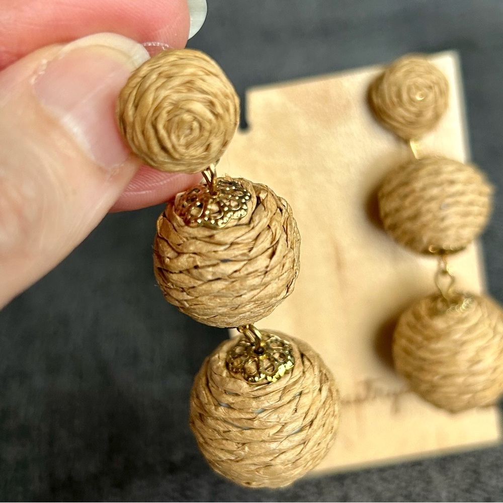 Rattan Covered, Dangling Drop Sphere Stud Earrings, Tan, Gold - Picture 7 of 17